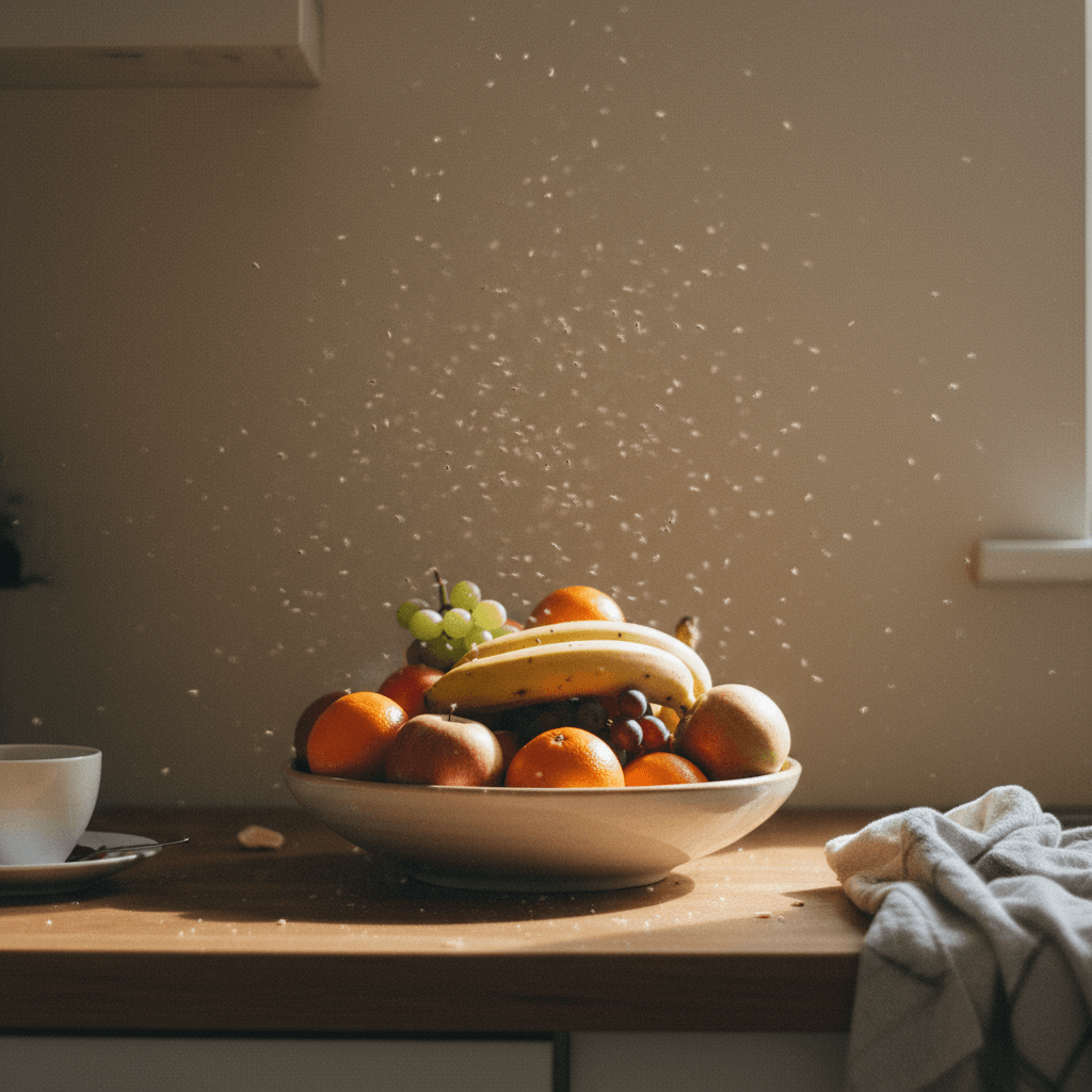 Fruchtfliegen über Obstschale in Küche