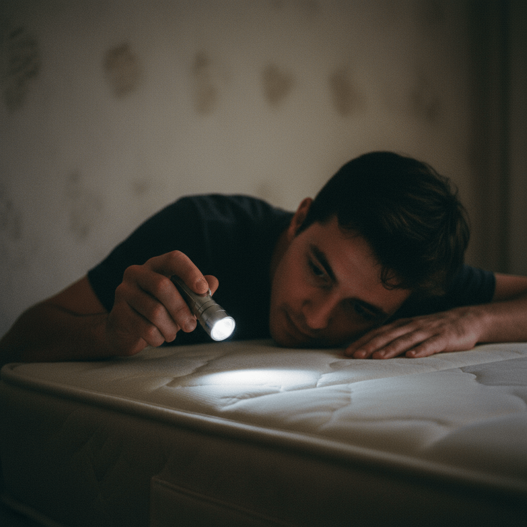 Inspektion einer Matratzennaht mit Taschenlampe bei Verdacht