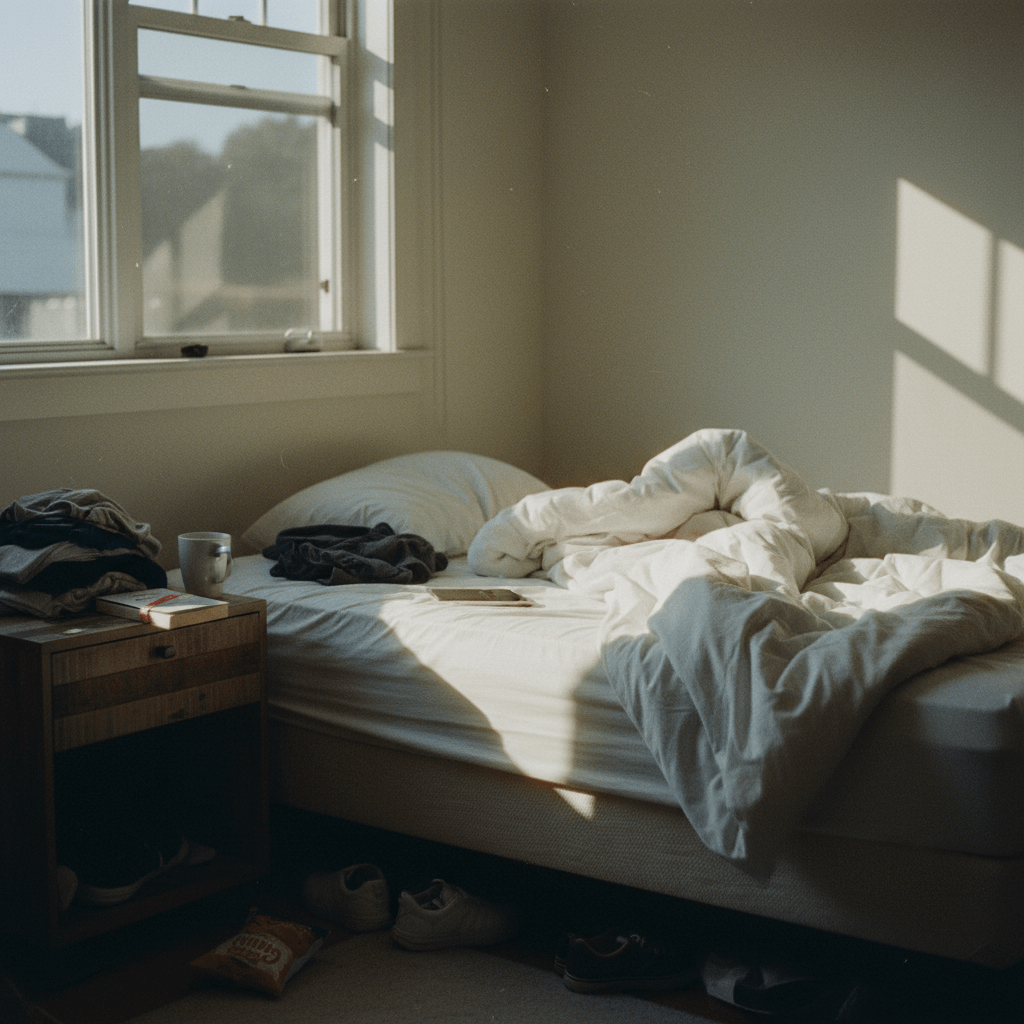 Schlafzimmer mit ungemachtem Bett und natürlichem Licht