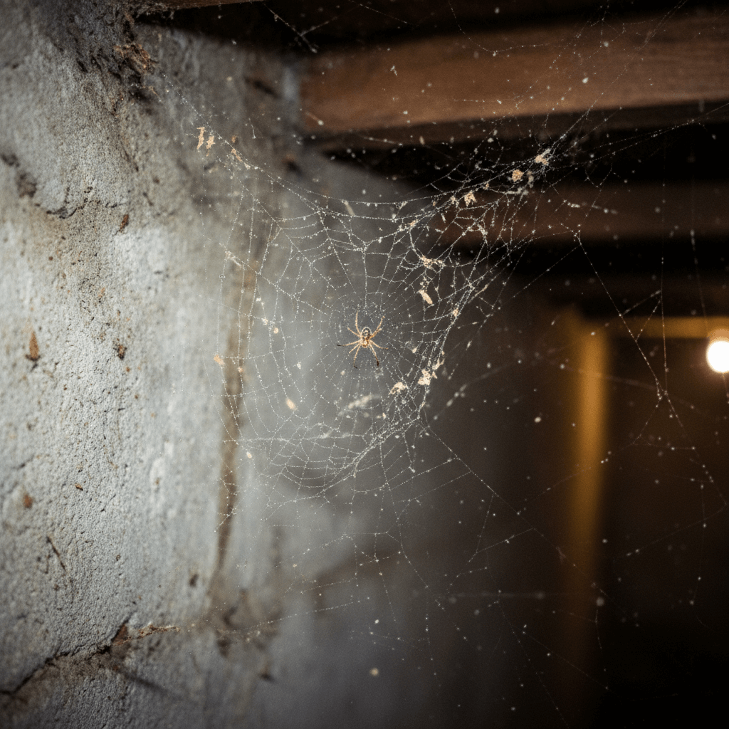 Spinnennetz in einer Kellerecke